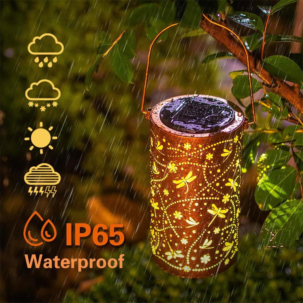 Solar Powered Lantern with Dragonfly Design Durable Metal Outdoor Hanging Light Solar Charged Lamp for Garden Pathway Landscape