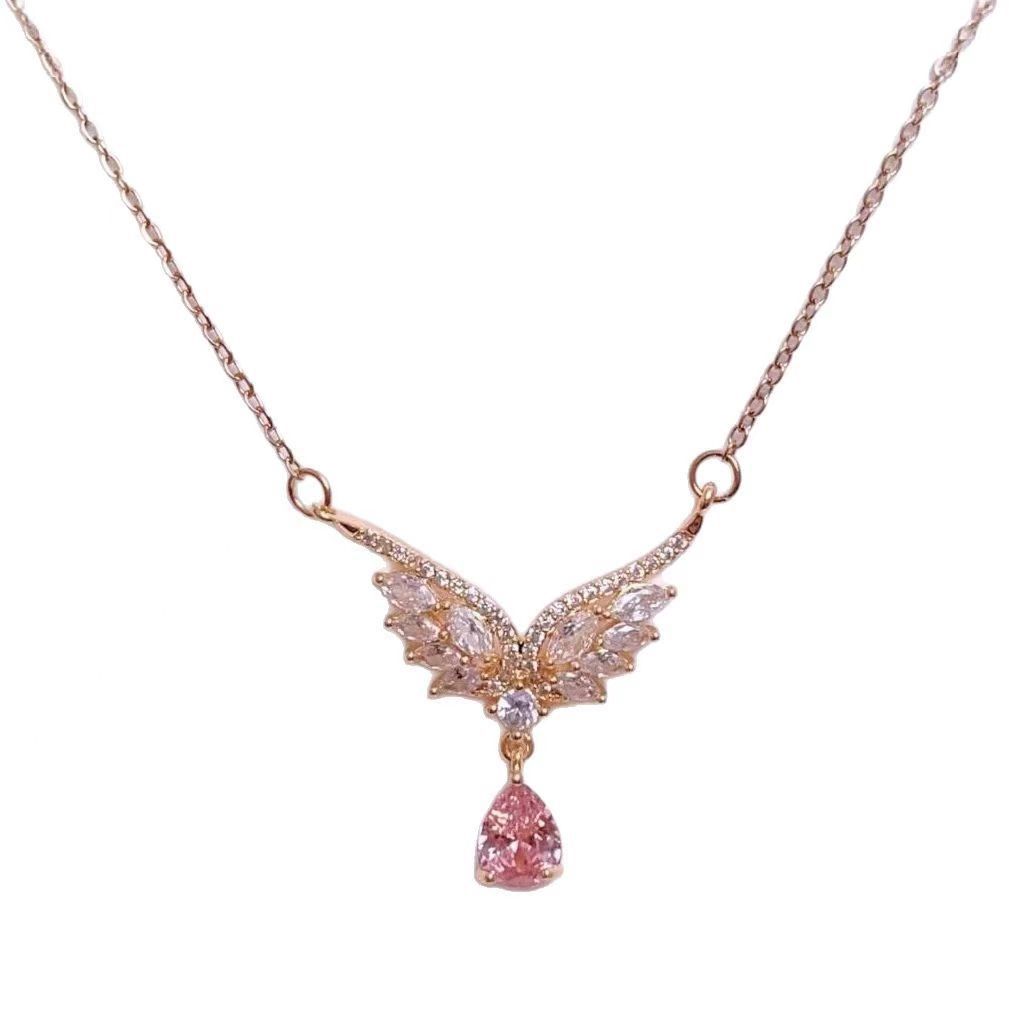 Titanium Steel Zircon Angel Wings Necklace Female, High Sense Light Luxury Temperament, Water Drop Pendant Collarbone Chain