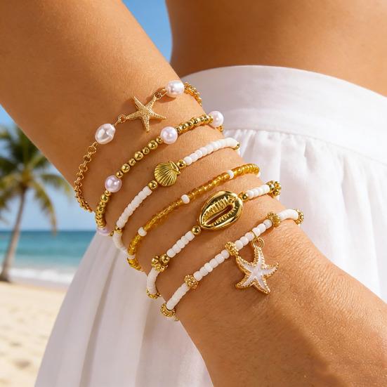 6Pcs Women Bracelet Natural Imitation Pearls Rice Beads Starfish Shell Conch Design Holiday Beach Style Bracelet