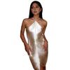 Women Party Dress Glossy Tassel Halter Neck Backless Sleeveless Split Hem Solid Color Slim Fit Off Shoulder Club Party Banquet Mini Dress
