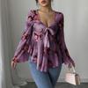 Fashion Square Collar Sweet Flower Printed Women Blouse Blending Tie Long Sleeved Shirt Ladies Loose Irregular Tops Elegant Slim Fit Casual Clothing