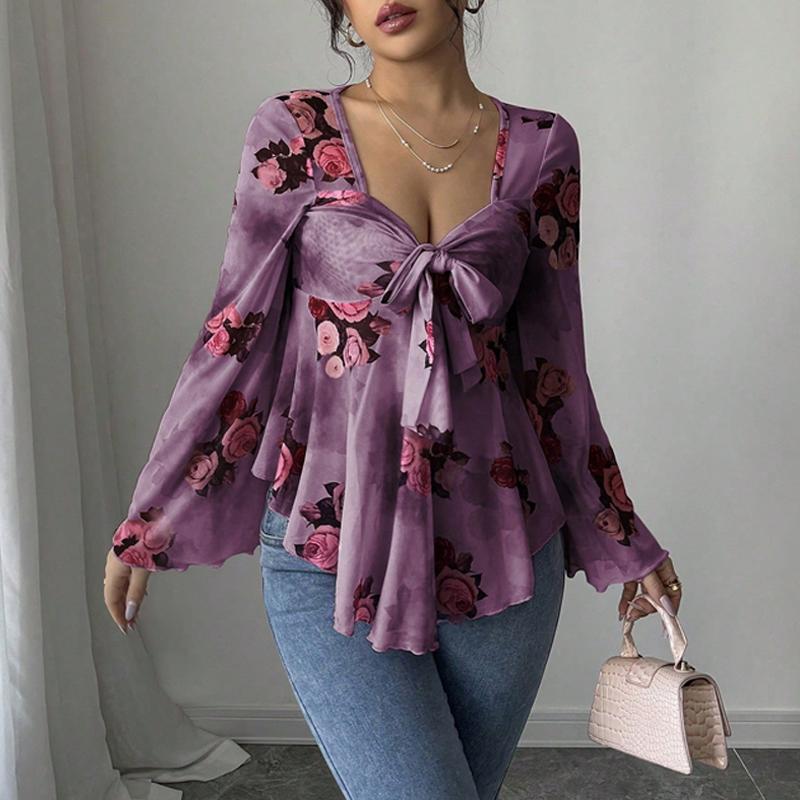 Fashion Square Collar Sweet Flower Printed Women Blouse Blending Tie Long Sleeved Shirt Ladies Loose Irregular Tops Elegant Slim Fit Casual Clothing