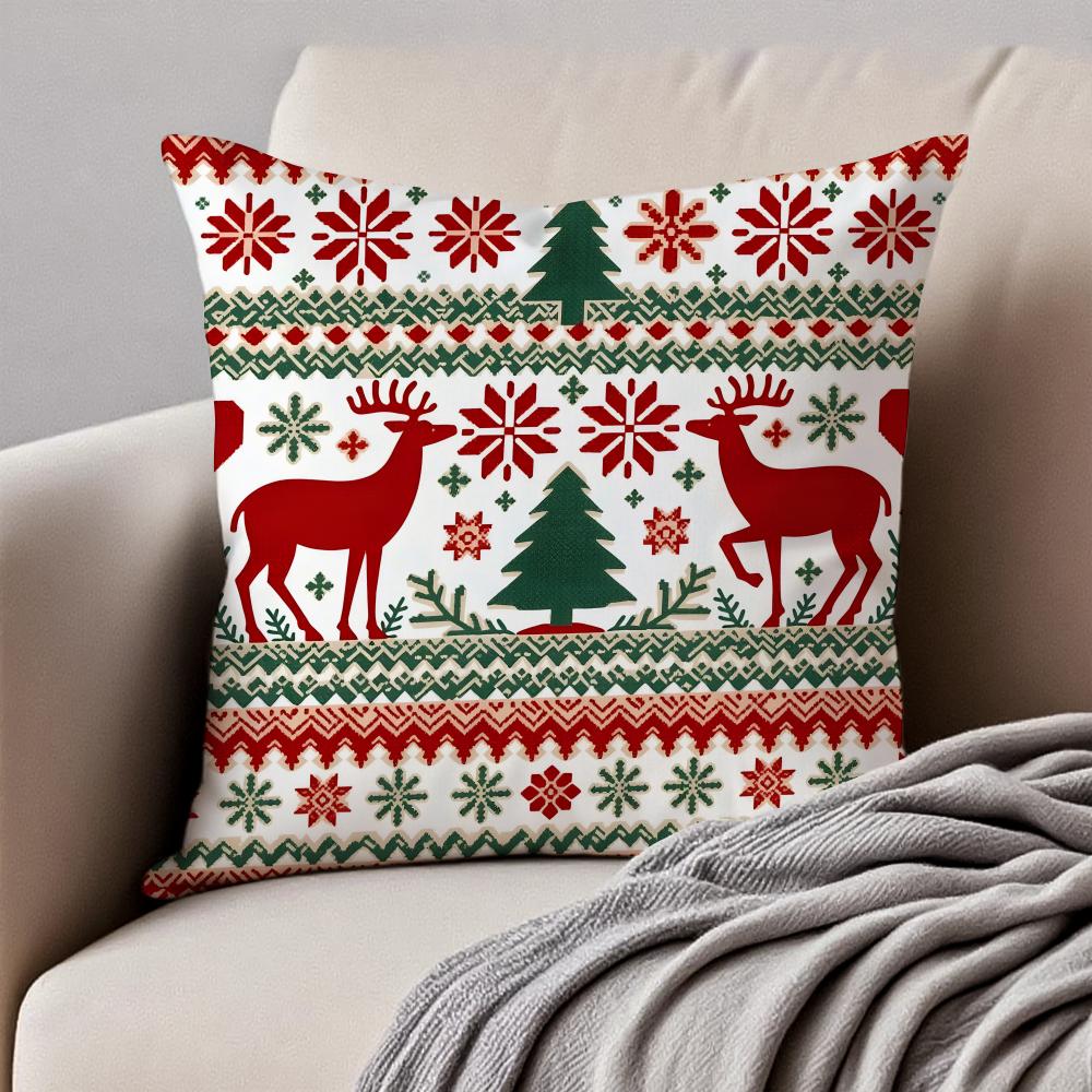 Christmas Illustration Festive Cushion Cover Pillowcase Antidustmite Invisible Zipper Short Plush Sofa Cushion