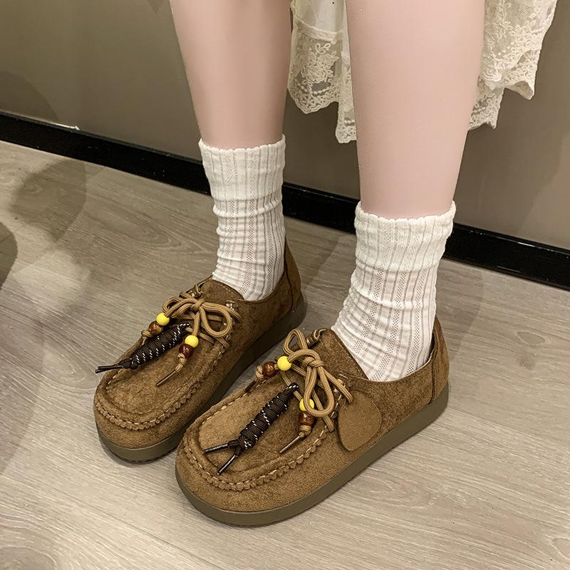 Mori retro thick-soled kangaroo shoes for women's new comfortable flat-bottomed shallow mouth showing feet, small casual loafer single shoes for women