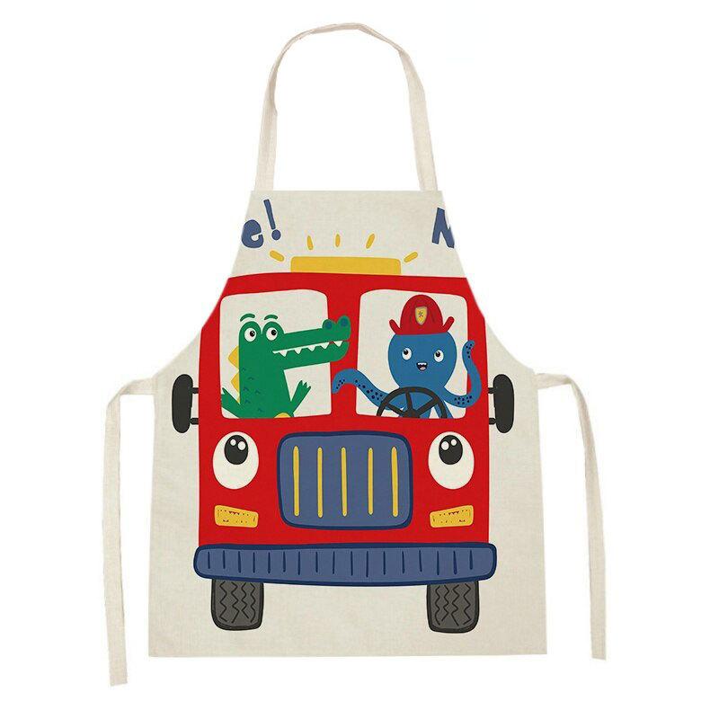 

Cartoon Excavator Car Print Linen Sleeveless Apron Stain-Proof Home Daily Use Parent-Child Clothing