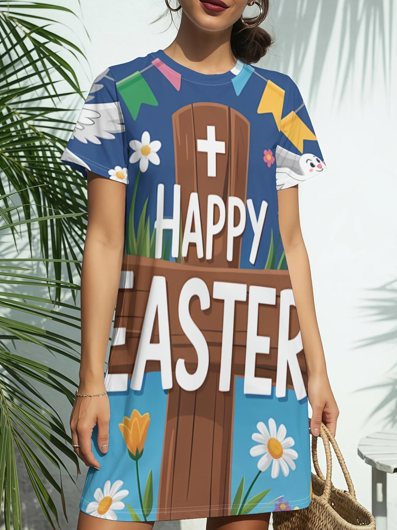 

Easter Cross Poster Women S New Round Neck Short Sleeve T-Shirt Dress. Featuring American Trendy Digital Printing. Perfect for Casual Spring And Summe 4XL дубильная кора