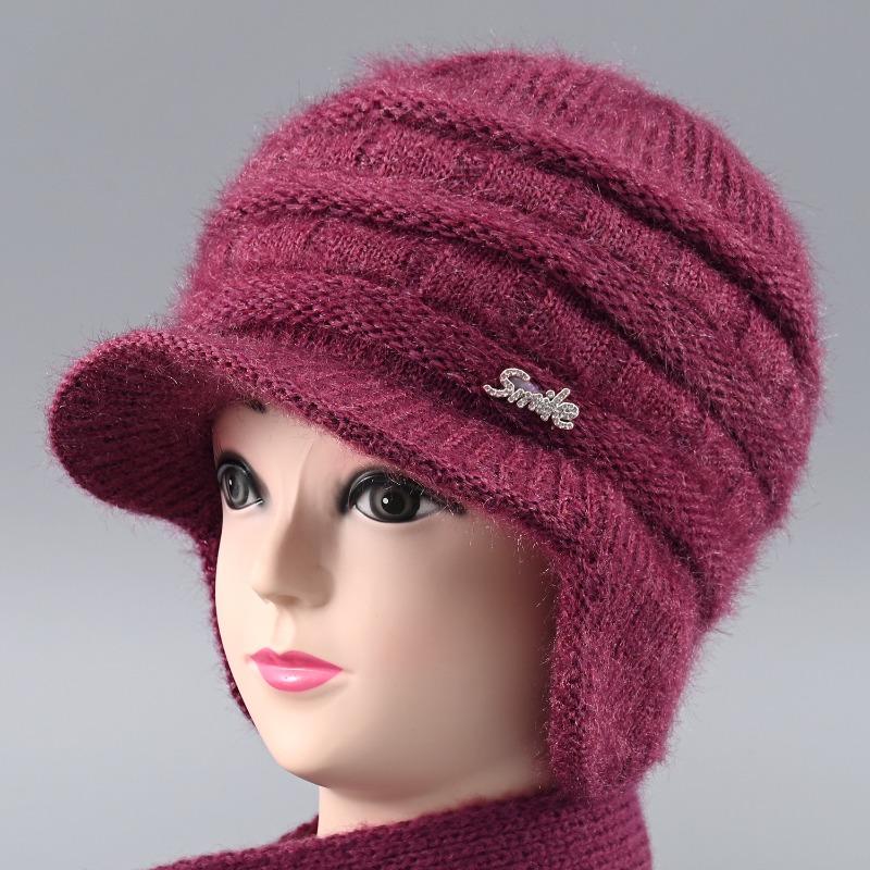 Winter Hat Female Old Lady Knitted Wool Hat Piled Thickened Warm and Cold Ear Hat