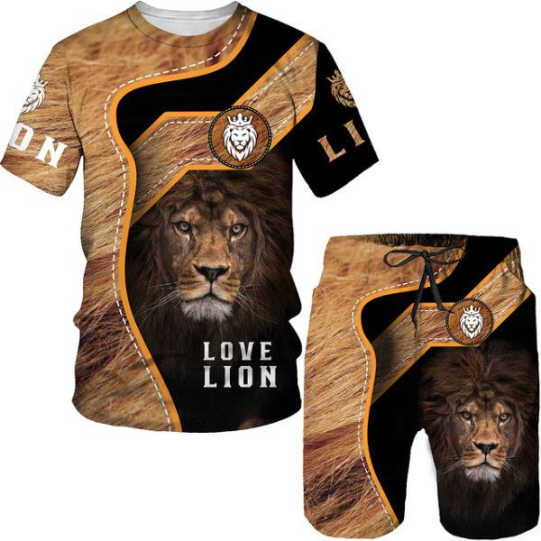Summer Round Neck 3D Lion Printed Set Fashionable and Casual Short Sleeved Shorts Men's Clothing Sets Sport Wear