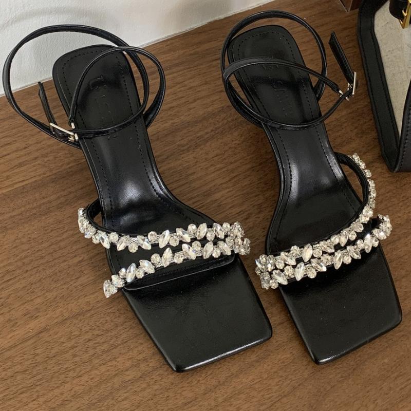 Fashion Luxury Rhinestone Ankle Strap Women Sandals High Quality Square Toe Buckle Thin Heel Slide Sandals Fashion Comfort Banquet Shoes