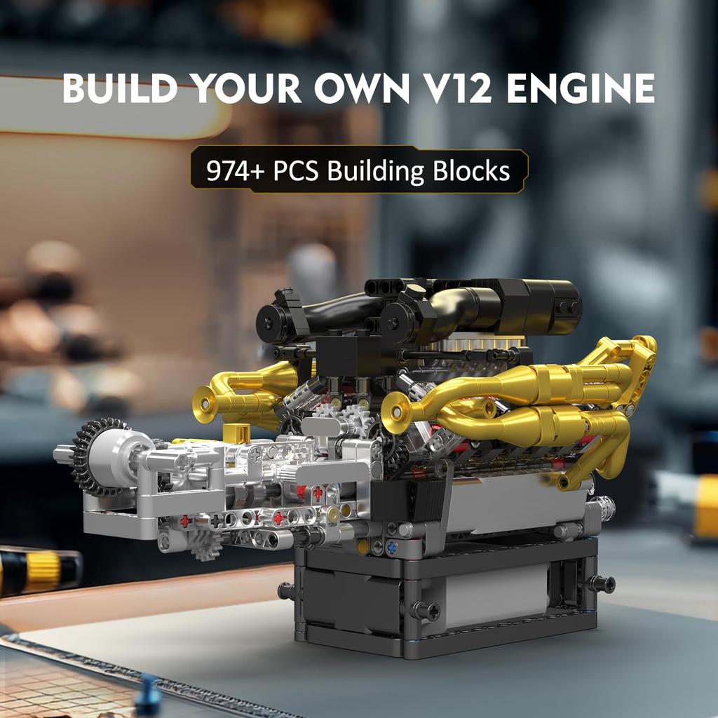 Mould King 10224 V12 Engine Building Blocks, 974 Pieces, Working Car Engine Model, STEM Educational DIY Engineering Kit, Ages 8+, Gift for Kids and