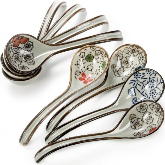 8 шт. Азиатские керамические суповые ложки, Японская ложка для рамена с длинной изогнутой ручкой, Китайская суповая ложка, Фарфоровая столовая ложка, Кухонная сервировочная ложка для