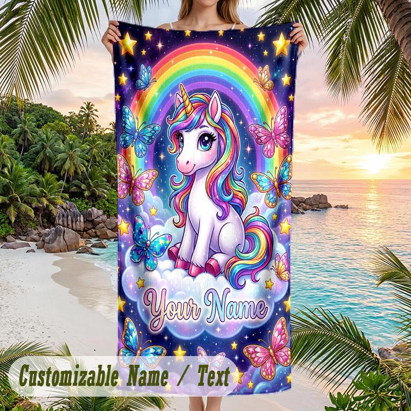 Rainbow Leopard 1 Theme Quick Dry Beach Towel Custom Name Text Print Large Sand Resistant Towel Beach Vacation
