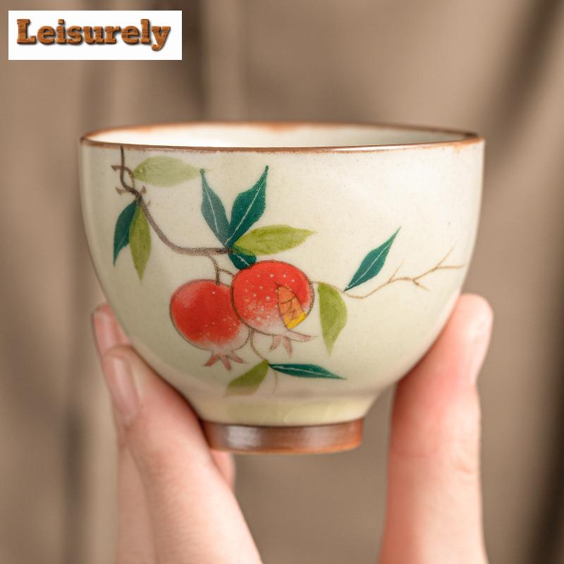 2pc/set Cream Ru Kiln Ceramic Teacup Hand-painted Pomegranate Cup Master Single Mug Taste Tea Bowl Chazhan Kung Fu Teaset 50ml