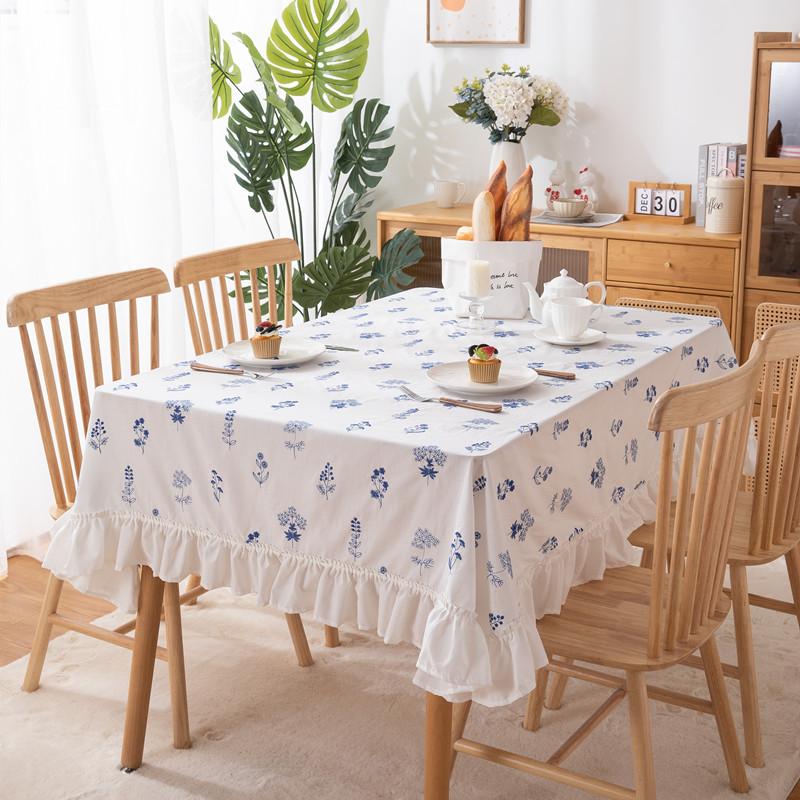 Small Fresh Cotton White Background Embroidered Flower And Grass Skirt Pleated Lotus Leaf Fungus Edge Coffee Table Tablecloth Dining Table Cloth