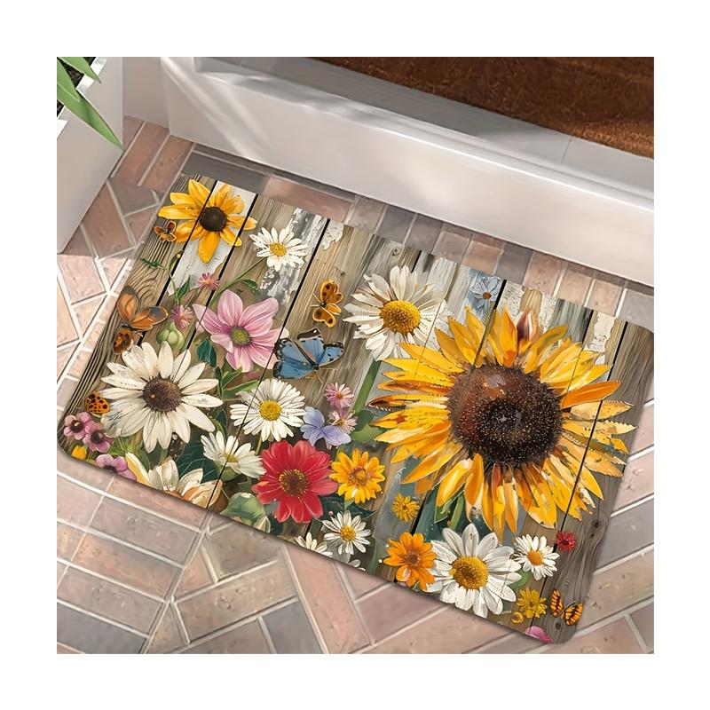 1pc Sunflower Motif Kitchen Mat Chic Flower Pattern Throw Rug Foot Pad Kitchen Hallway Bathroom Sink Laundry Room Decor Gift