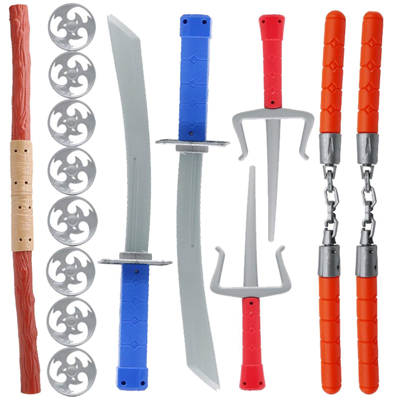 

Children Ninja Toy Set Includes Foam Double Nunchaku Plastic Samurai Sword Throwing Stars and Sai for Role Play and Interactive Play One Size белый