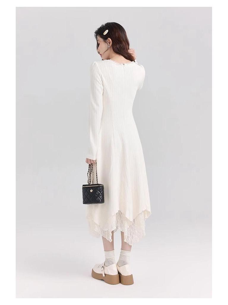Pure White Lace Long Dress for Women - Versatile Inner Wear, Perfect for Pairing with Coats in Autumn and Winter 2025