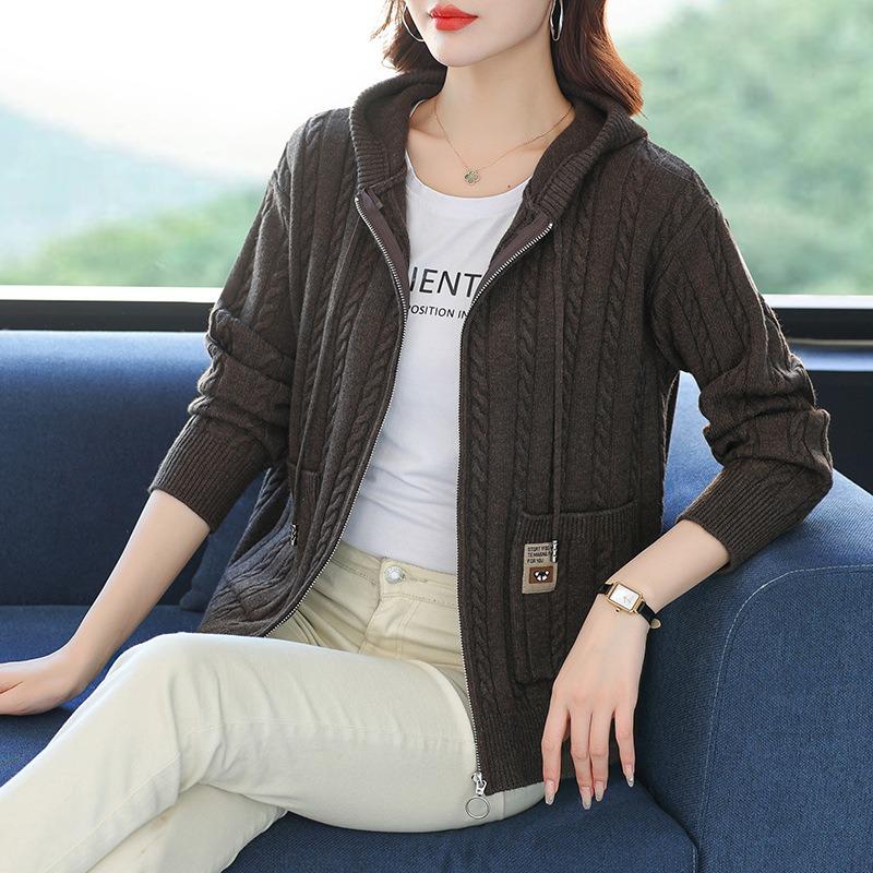 Twisted sweater jacket women's loose large size spring and autumn mother's hooded sweater with zipper on the outside knitted cardigan