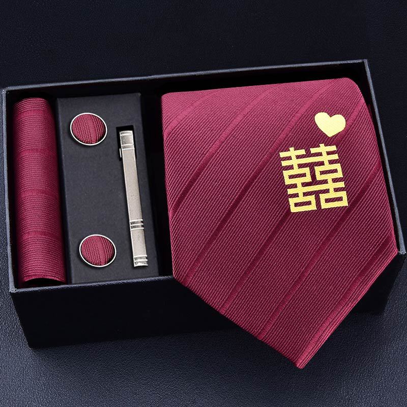 Gift Box Men'S Tie Square Scarf Cufflinks Tie Clip Five-Piece Set, Formal Business Blue Stripes