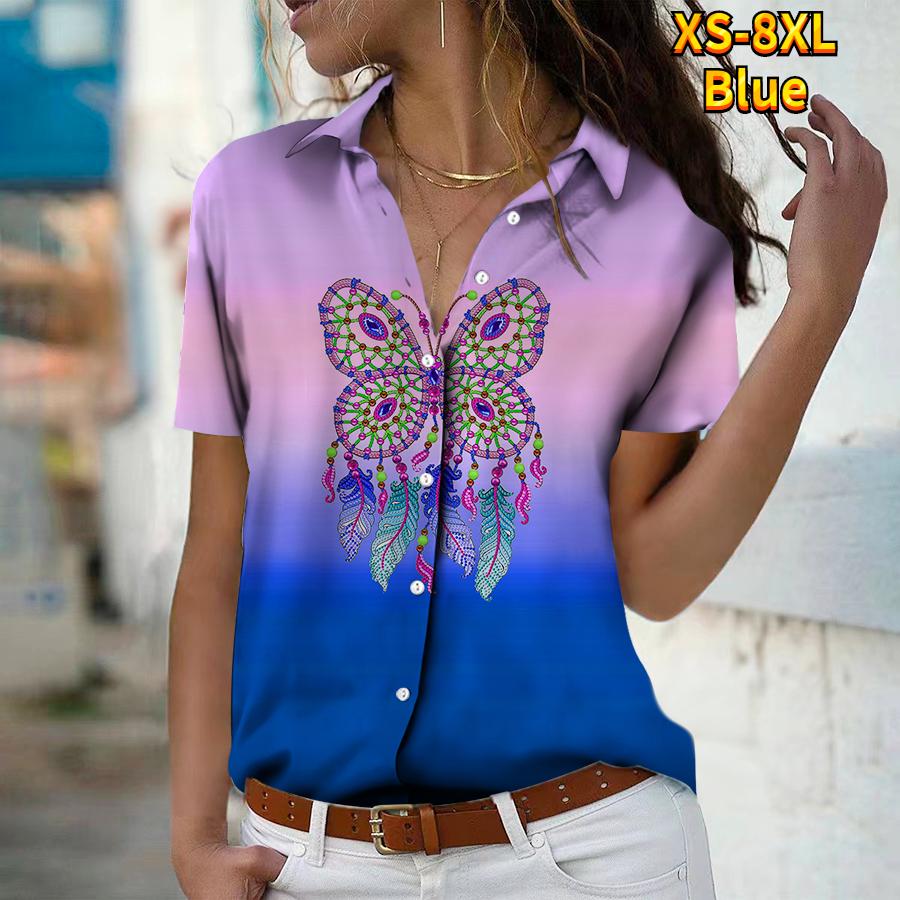 

2025 Summer New Fashion Women s Retro Printed Short Sleeve V-neck Casual Button-down Shirt Top XS синій