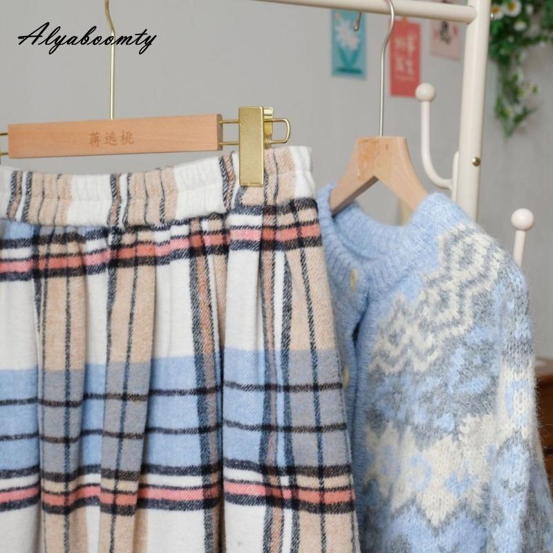 Japanese Mori Girl Autumn Winter Women Woolen Skirt Elastic Waist Blue Plaid Wool Skirt Thick Warm Sweet Elegant Midi Skirt