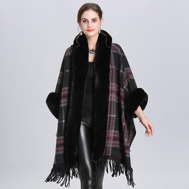 4 Colors Winter Thick Warm Oversize Cloak Women Plaid Long Faux Rabbit Fur Loose Poncho Cape Fashion Tassel Overcoat With Hat
