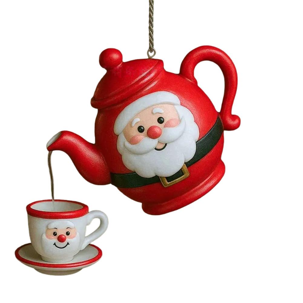 Christmas ornament vintage teapot with tea cups hanging decoration for tree mantel window and festive holiday table decor