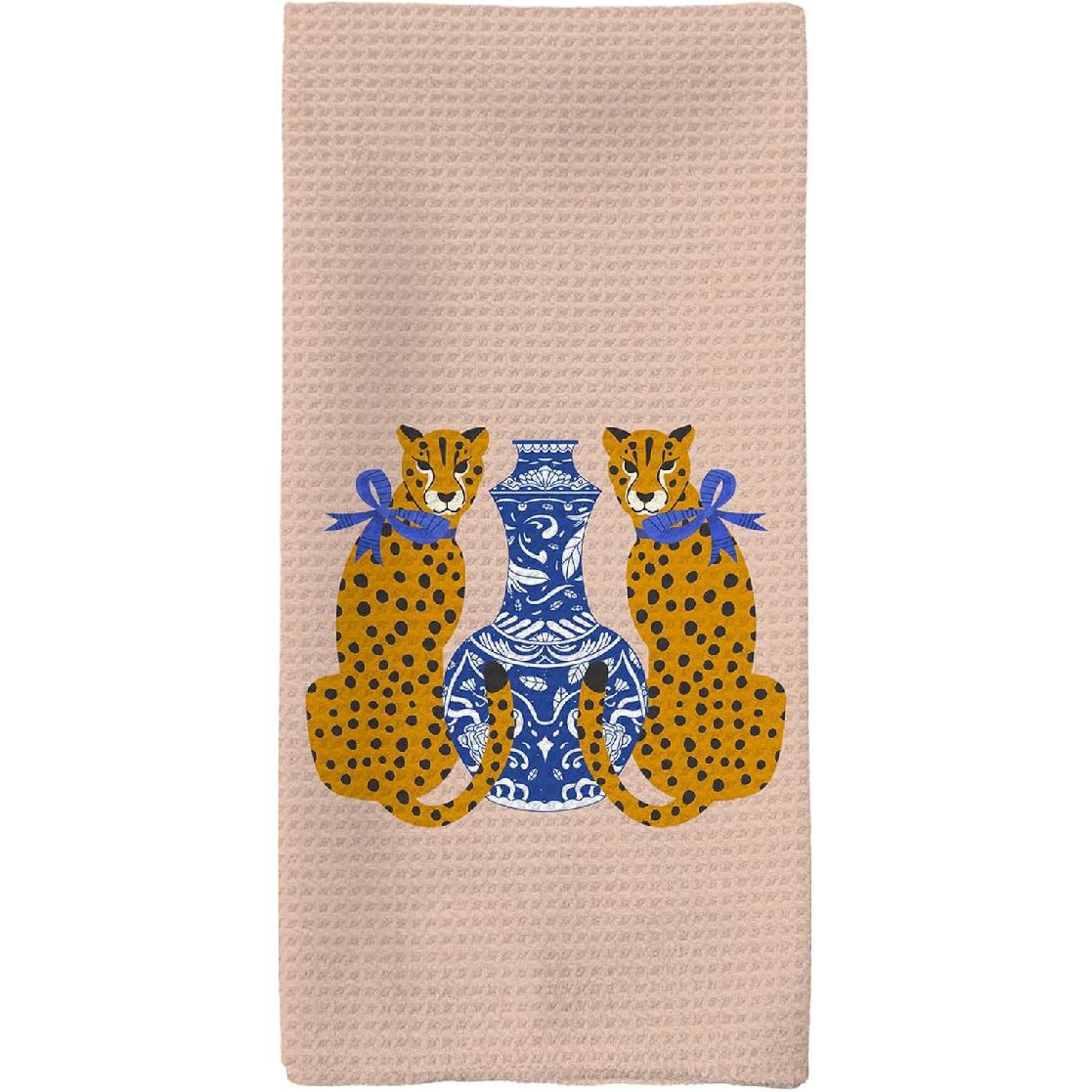 Chinoiserie Decor Kitchen Towels, Preppy Leopard Cheetah Hand Towels, Blue and White Porcelain Dish Towels, Trendy Porcelain Kitchen Bathroom Decor, жёлтый