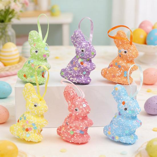 6Pcs Easter Foam Bunny Decorations Colorful Glitter Bunny And Egg Shapes Simple Hanging Wall Art for Party Spring Crafts Kindergarten And Home Decor