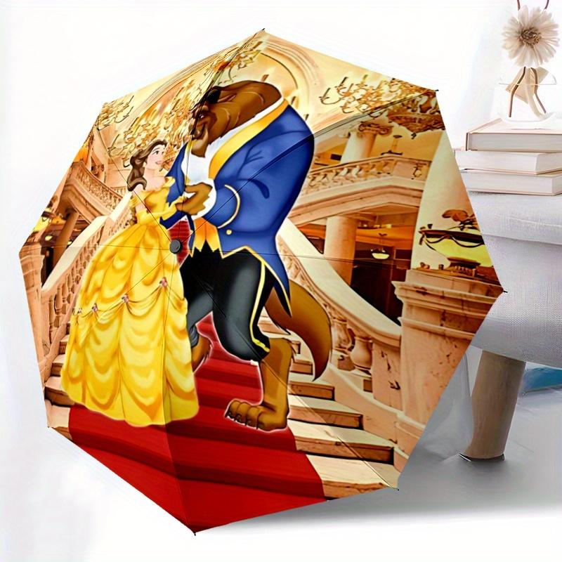 1pc Beauty & Beast Dancing Scene Automatic Opening/Closing Umbrella - Portable 3-Fold Design with 8-Bone Iron Frame, Outdoor Umbrella for Fe