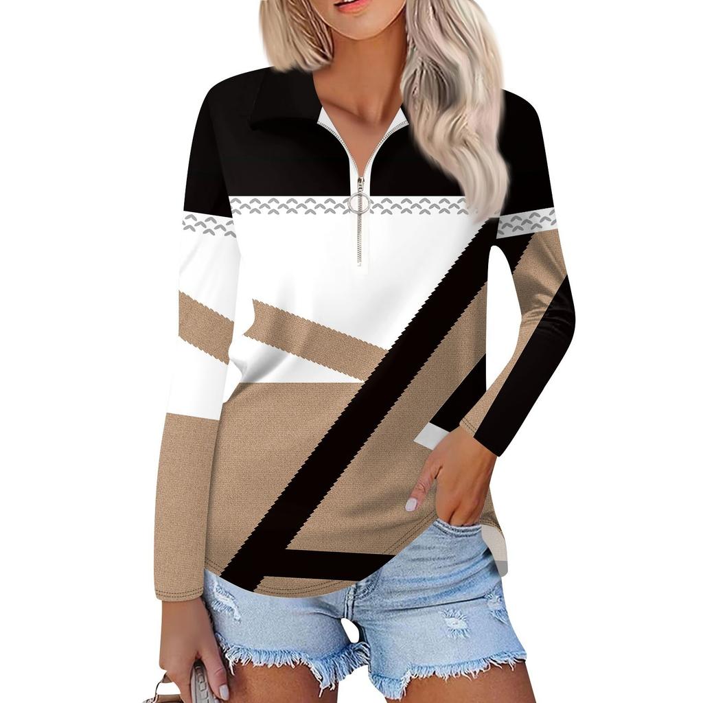 Women's Spring And Fashion Casual Printed Zipper V-Neck Long Sleeve Shirt Tops
