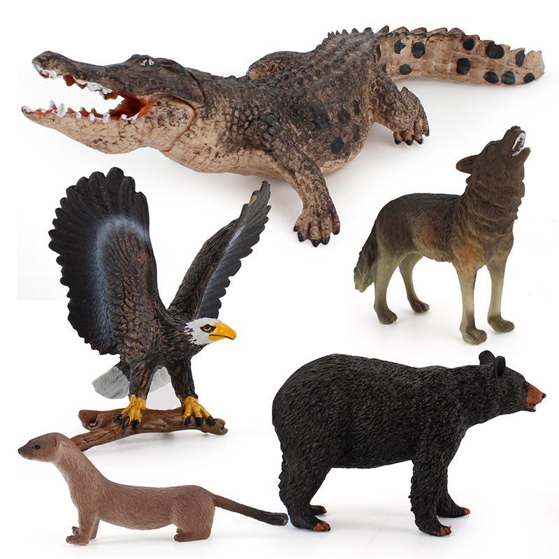 7-Piece Jungle Animal Set: Moose, Bison, Black Bear, Yangtze Alligator – Handcrafted Solid Figurines