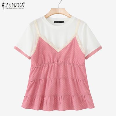 Women Summer Polka Dot Patchwork Casual Short Sleeve T-Shirts