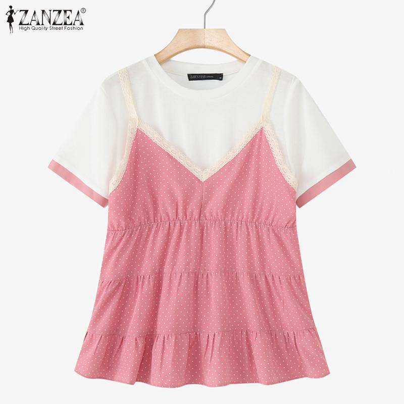 ZANZEA T-shirts d'été pour femmes à patchwork à pois décontractés à manches courtes