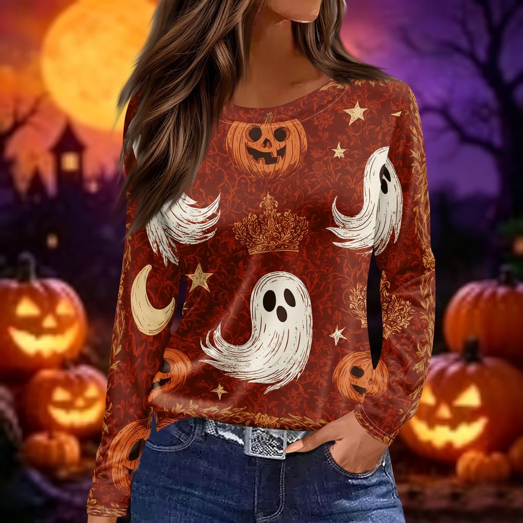 Women's Halloween Print Long Sleeve Round Neck Top with Hem Slits for Casual Fall Outings
