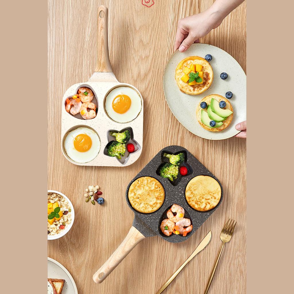 4 Holes Egg Frying Pan Steak Baking Burger Breakfast Maker Cookware Skillet Creative Heart Round Star Shape Kitchen Accessories