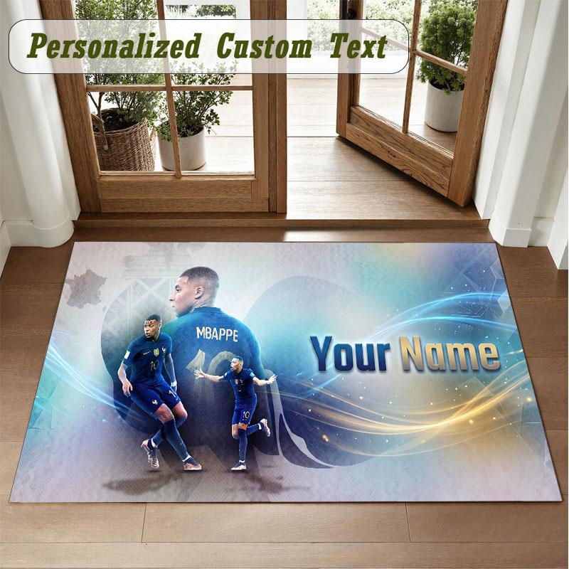 Crystal Velvet Square Rug Custom NameKylian Mbappe Pattern Non Slip Home Floor Decor Rug