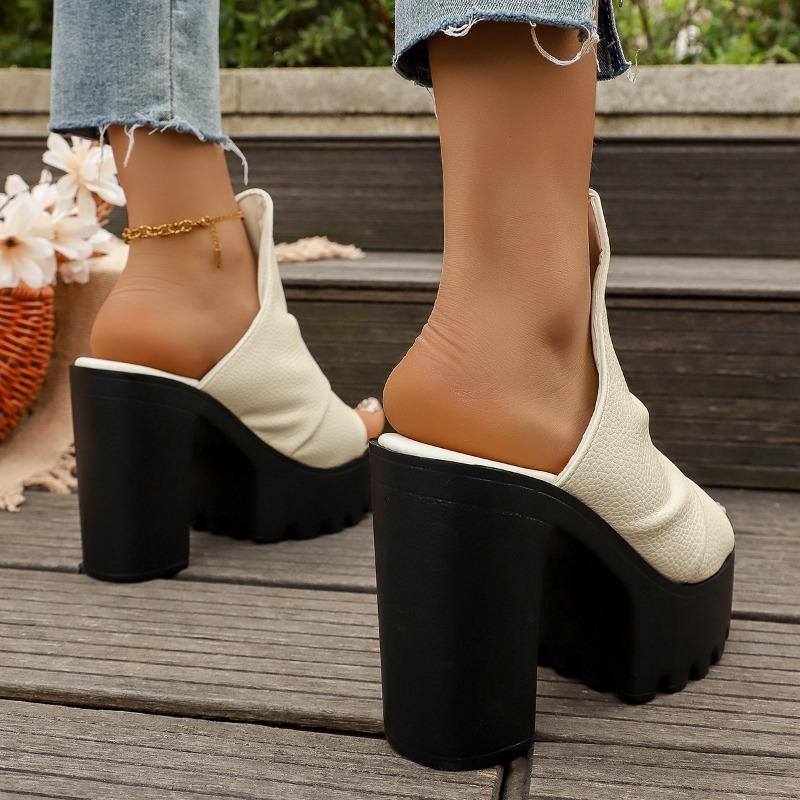 Damen Plateau-Slipper mit klobigem Absatz, Runde Zehenpartie, Einfarbige, Übergröße, Freizeit-Sandalen