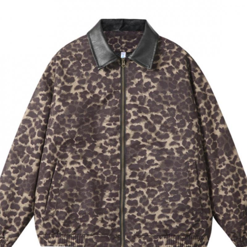 Unisex Retro Leopard Print Spliced Leather Jacket - Trendy, Loose-Fit Streetwear