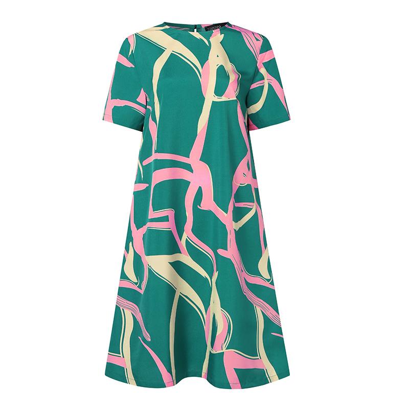 Fashion Womens Loose Unique Pattern Print O Neck Short Sleeve Leaves Print Loose Streetwear A-line Dress