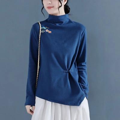 Half-high Collar Thin Velvet Bottoming Shirt Women's Retro Embroidery Autumn and Winter Chinese Style Waist Buckle Long-sleeved Top
