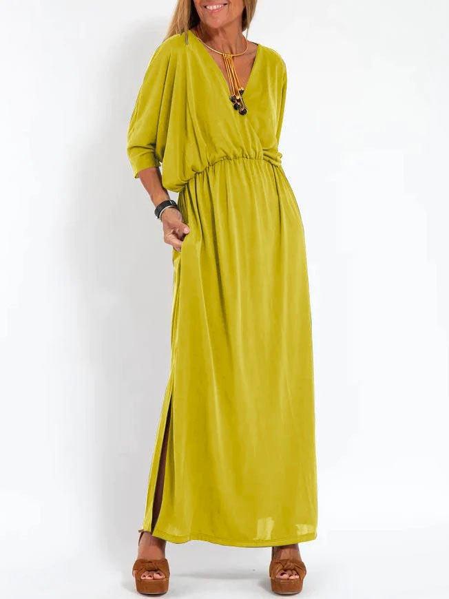 European And American Style Summer New Products, Fashionable Solid Color High-Waisted Split V-Neck Dress