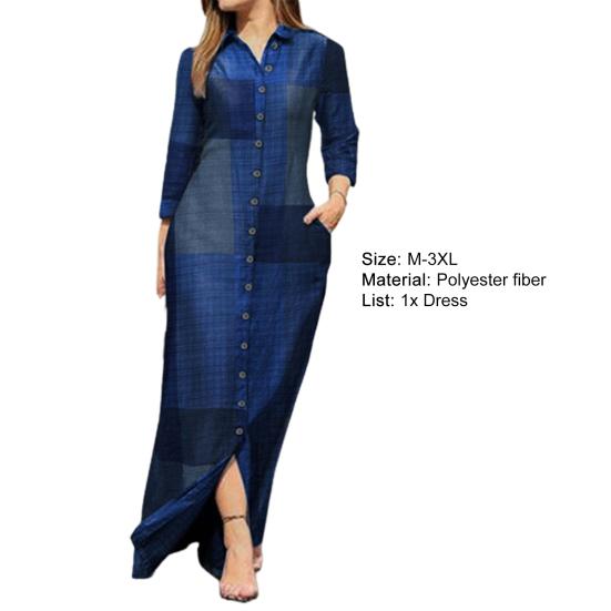 Turn-Down Collar Long Sleeve Women Dress with Pocket Geometry Pattern Single Breasted Shirt
