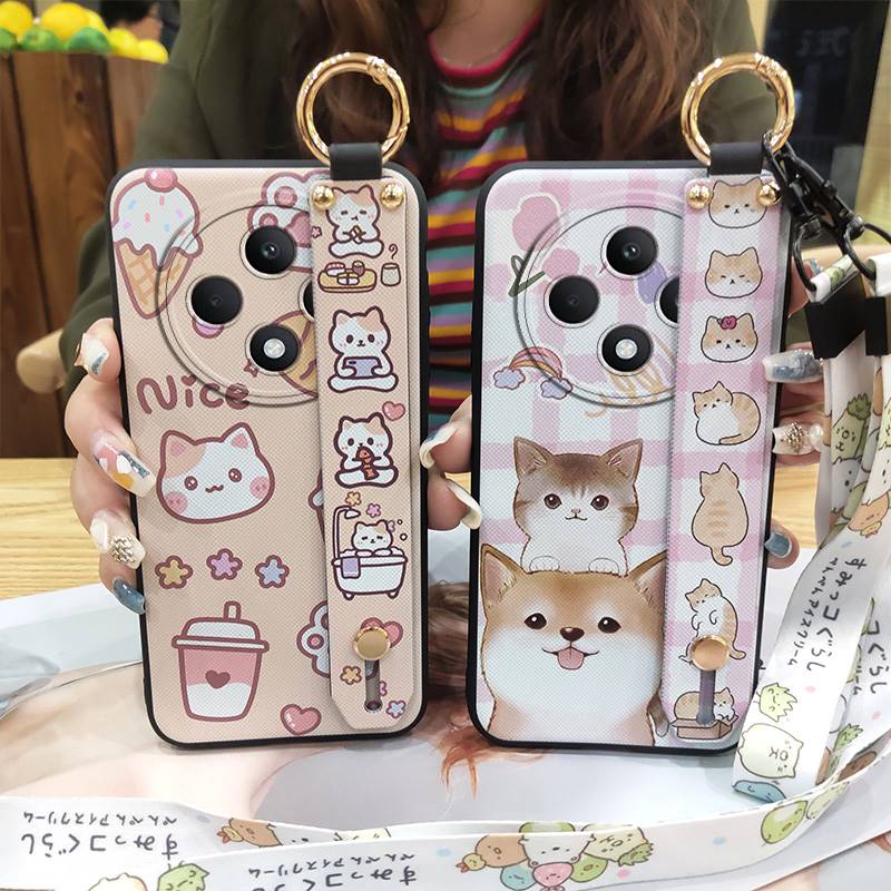 Back Cover Waterproof Phone Case For OPPO Reno12F 5G Silicone Wristband Ring Cartoon Shockproof Anti-knock Wrist Strap