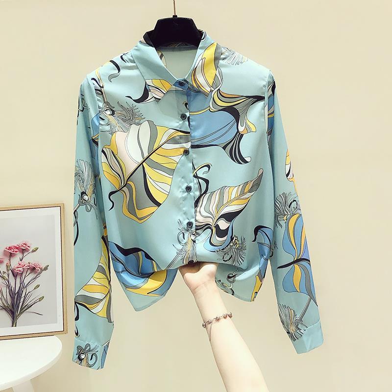 

Новая шифоновая рубашка с принтом, топы с длинными рукавами, рубашка-поло, свободная повседневная блузка больших размеров, офисная модная женская одежда 3XL светло-зеленый