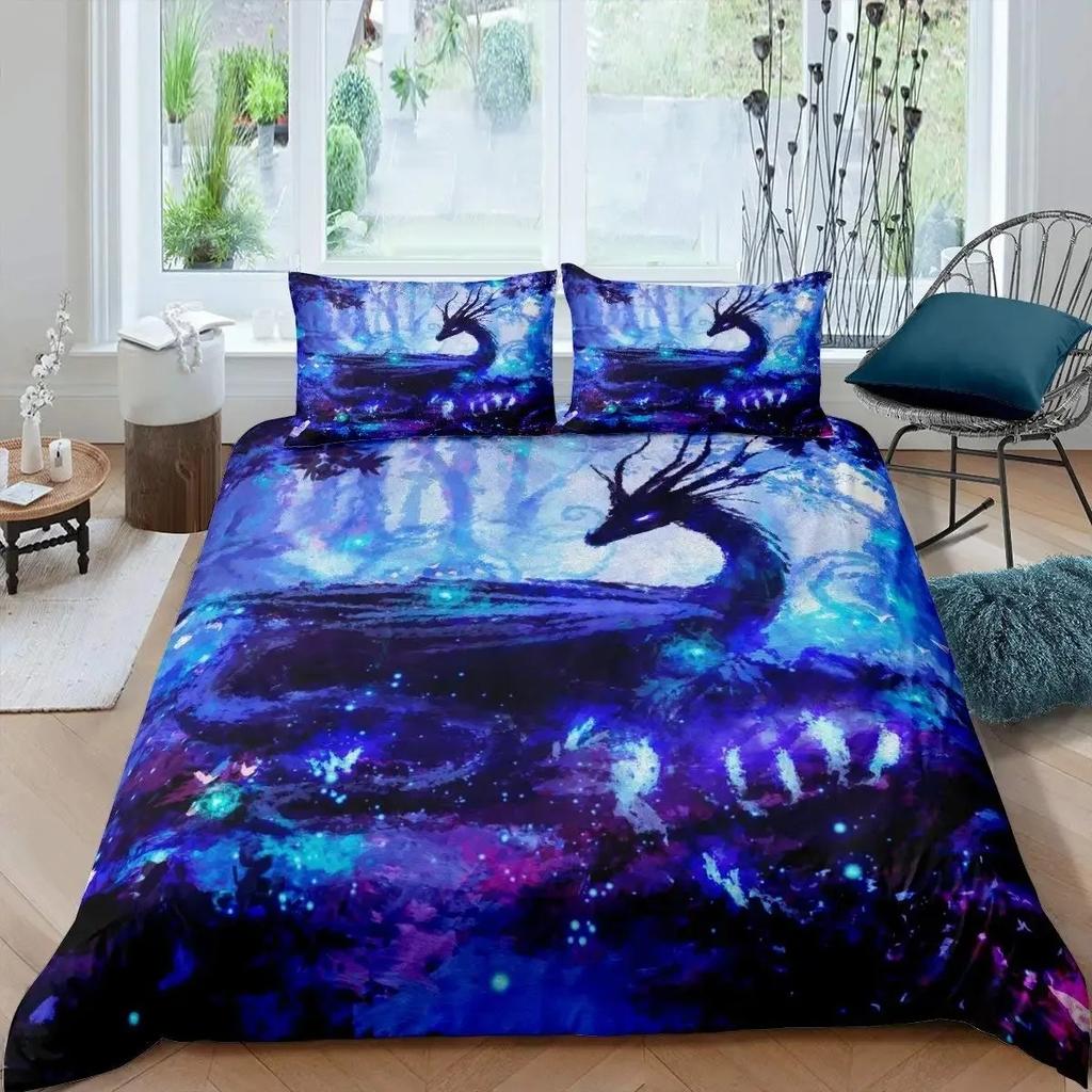 Ice Fire Dragon Duvet Cover Set for Boys Oriental Beast Bedding Set Eastern Auspicious Animals Fairy Tale Comforter Cover