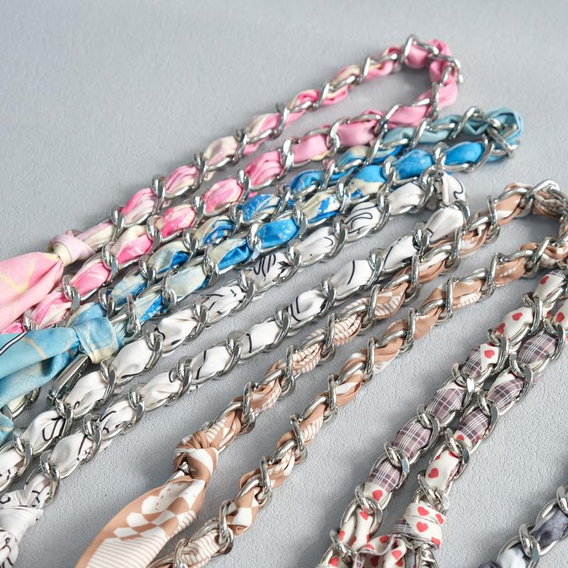 New Fashion Brand Woman Handbag Accessory Chains Detachable Floral Print Gold Silver Metal Silk Shoulder Strap Women DIY Chain Bag Handles