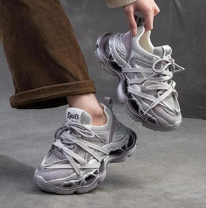 Fashion 6.5CM Women Thick Sole Platform Casual Sneakers Summer Mesh Breathable Mixed Colors Rhinestone Outside Height Increasing Shoes