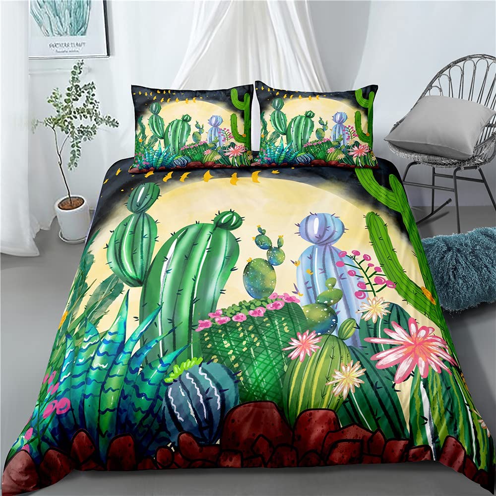 Succulents Bedding Set, Exotic Flower Duvet Cover Twin Size For Kids Boys Girls, Branches Leaf Floral Polyester Comforter Cover