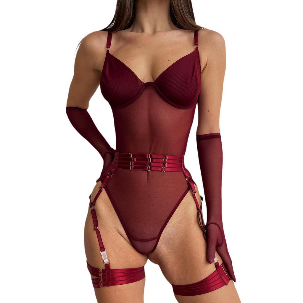 Sexy Mesh See-Through Underwire Push-Up Bandage Leggings & Bodysuit Set for Women